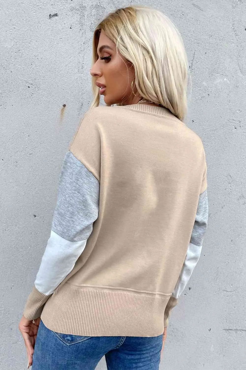 Color Block Ribbed Trim Round Neck Knit Pullover (7 Colors)