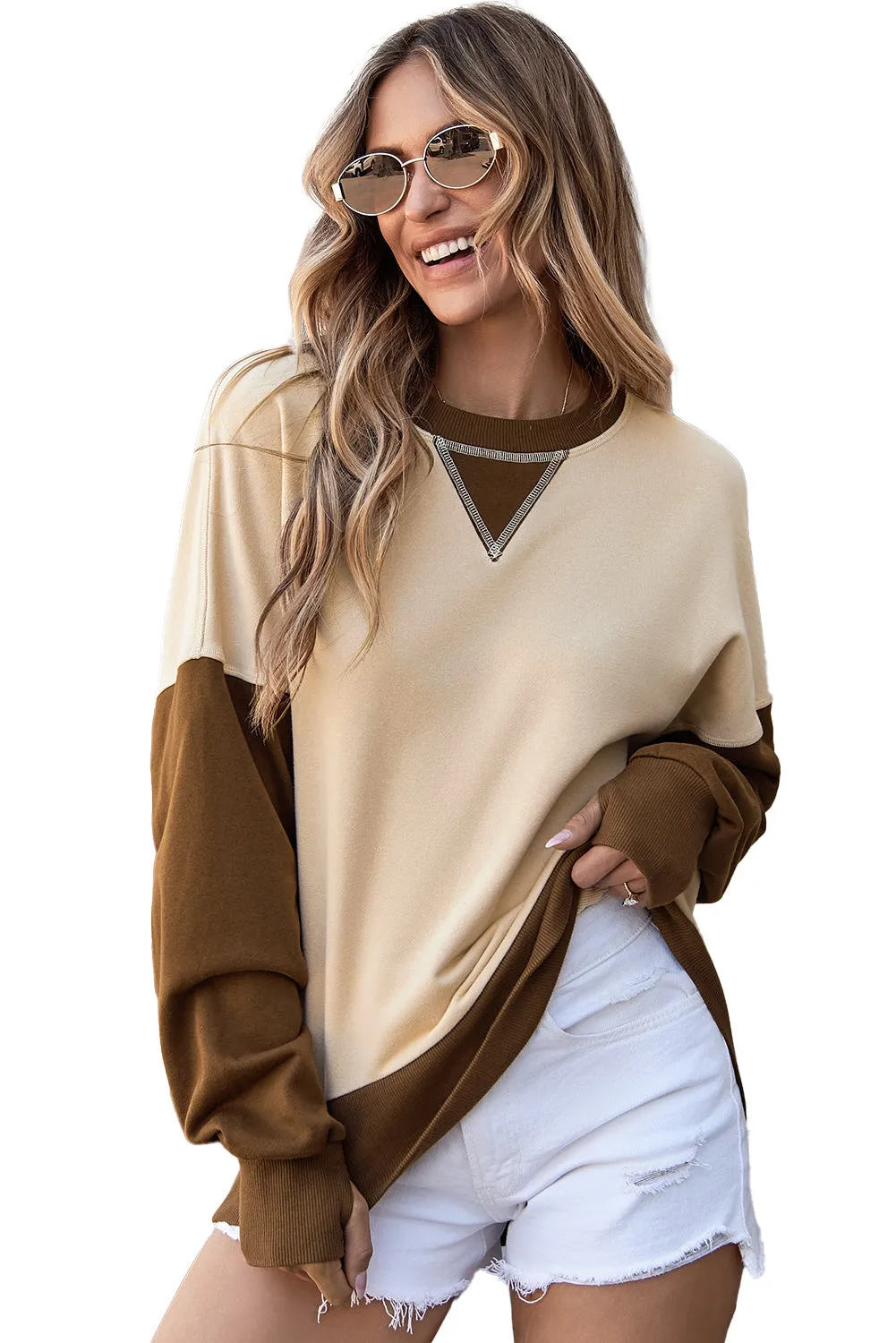 Color Block Thumbhole Sleeve Sweatshirt