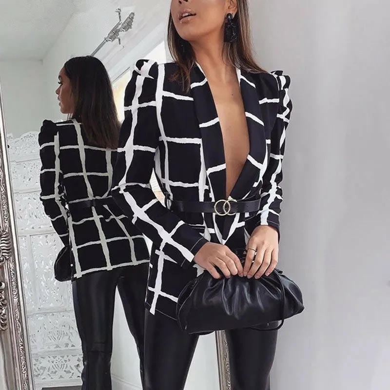 Colorblock Long Sleeve Plaid Blazer