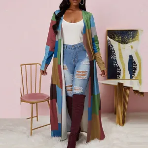 Colorblock Print Long Sleeve Windbreaker Long Coat Cardigan