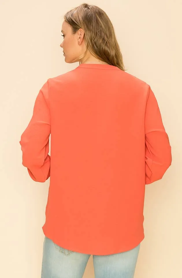 Coral faux Wrap Band Collar Bouse