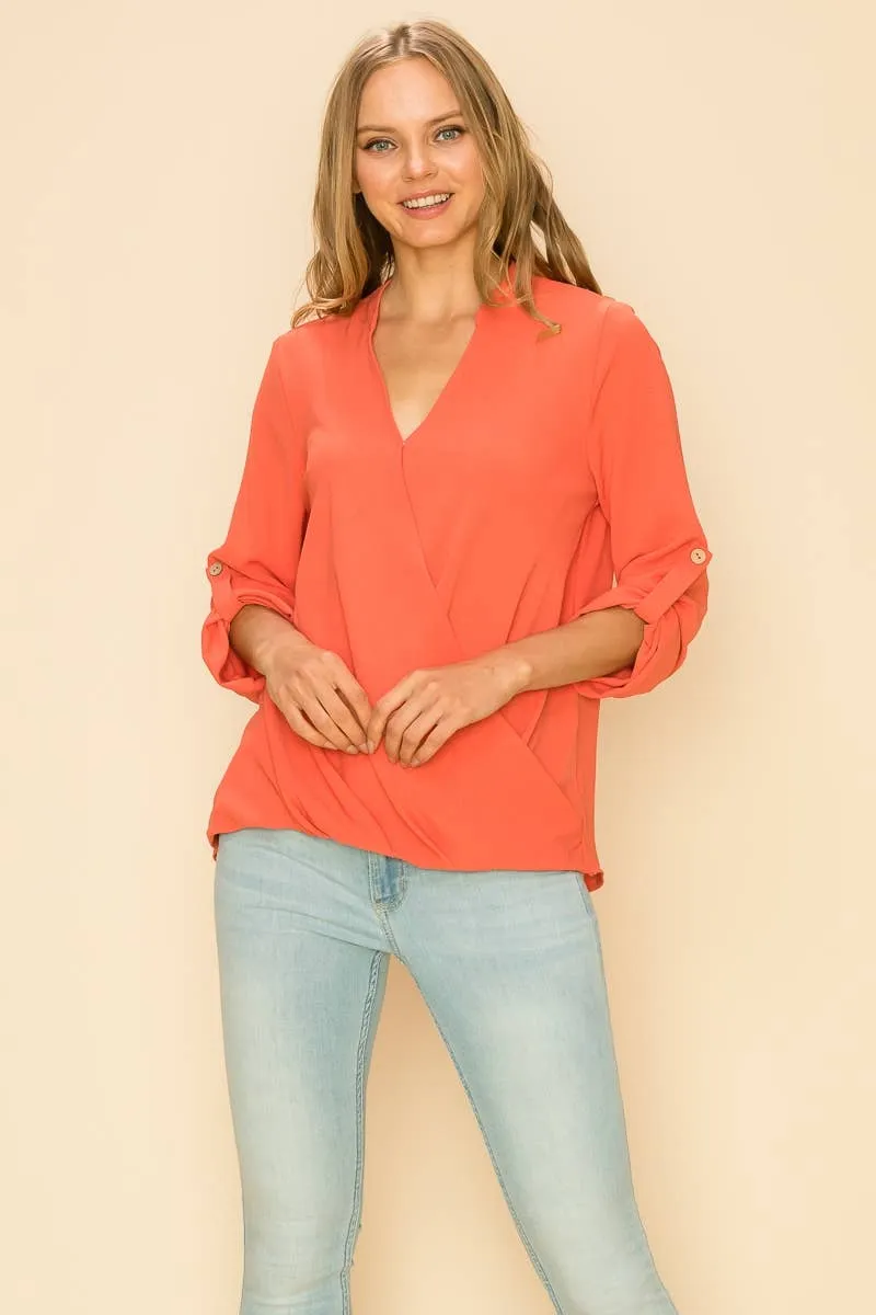 Coral faux Wrap Band Collar Bouse