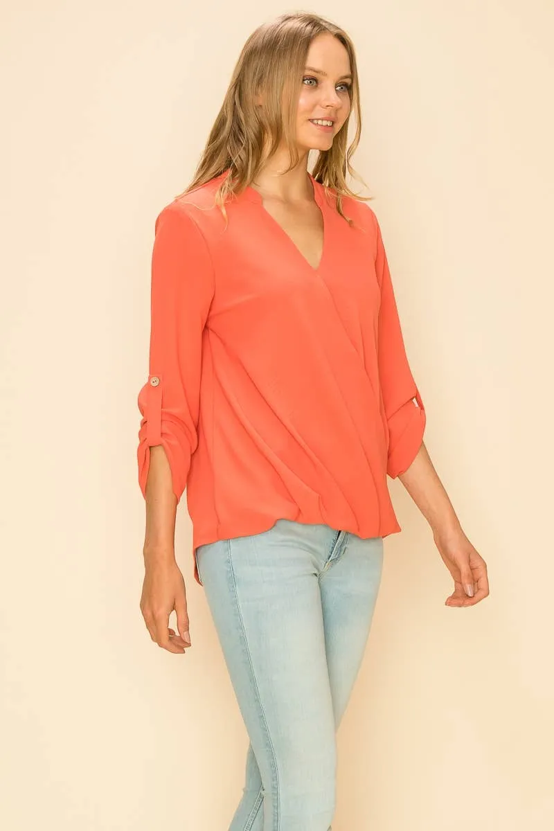 Coral faux Wrap Band Collar Bouse