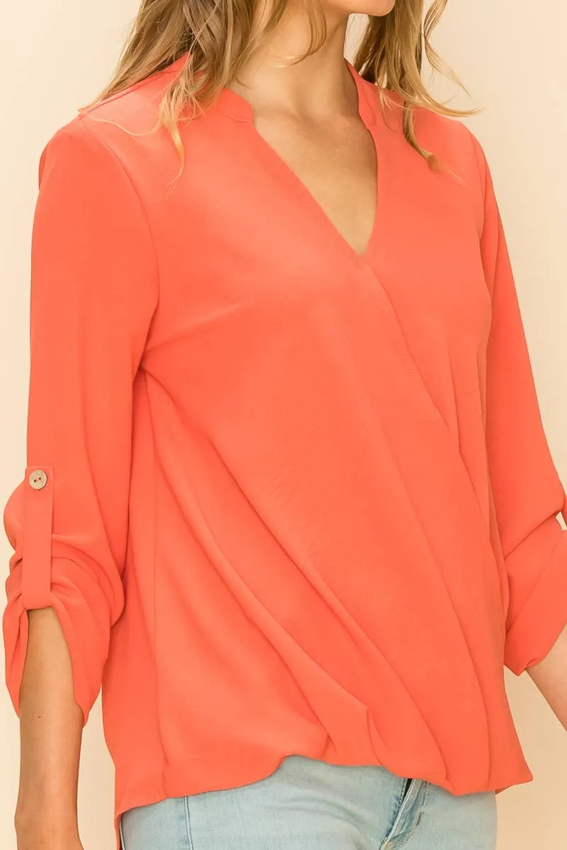 Coral faux Wrap Band Collar Bouse