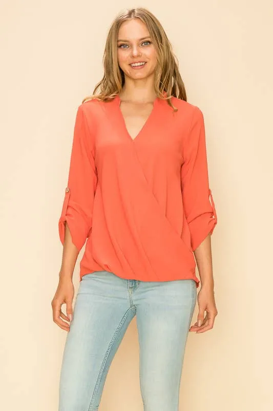 Coral faux Wrap Band Collar Bouse