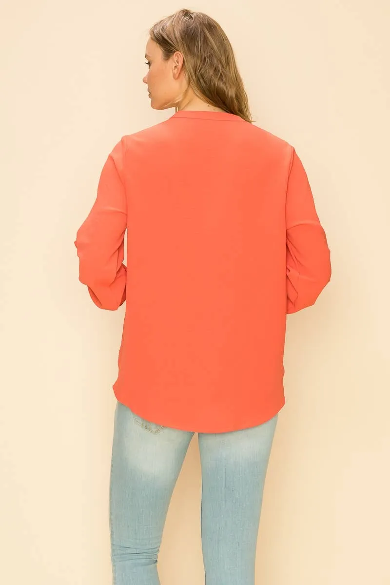 Coral faux Wrap Band Collar Bouse