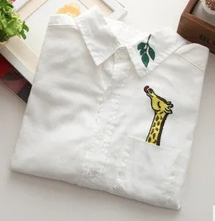 Cotton Casual Blouse Female Turn-down Collar Long-sleeve White Tops Women Embroidery Giraffe Leaves Shirt female tops