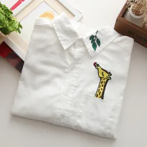 Cotton Casual Blouse Female Turn-down Collar Long-sleeve White Tops Women Embroidery Giraffe Leaves Shirt female tops