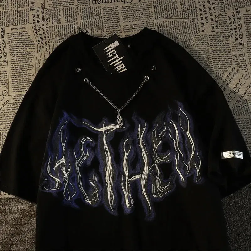 Cotton short sleeved t-shirt trend fried street flame necklace