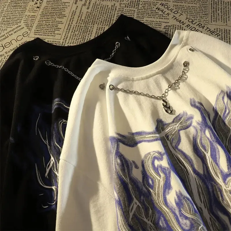 Cotton short sleeved t-shirt trend fried street flame necklace