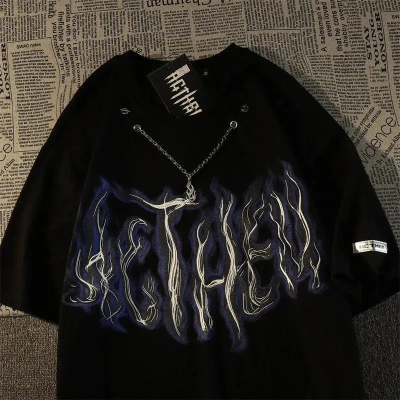 Cotton short sleeved t-shirt trend fried street flame necklace