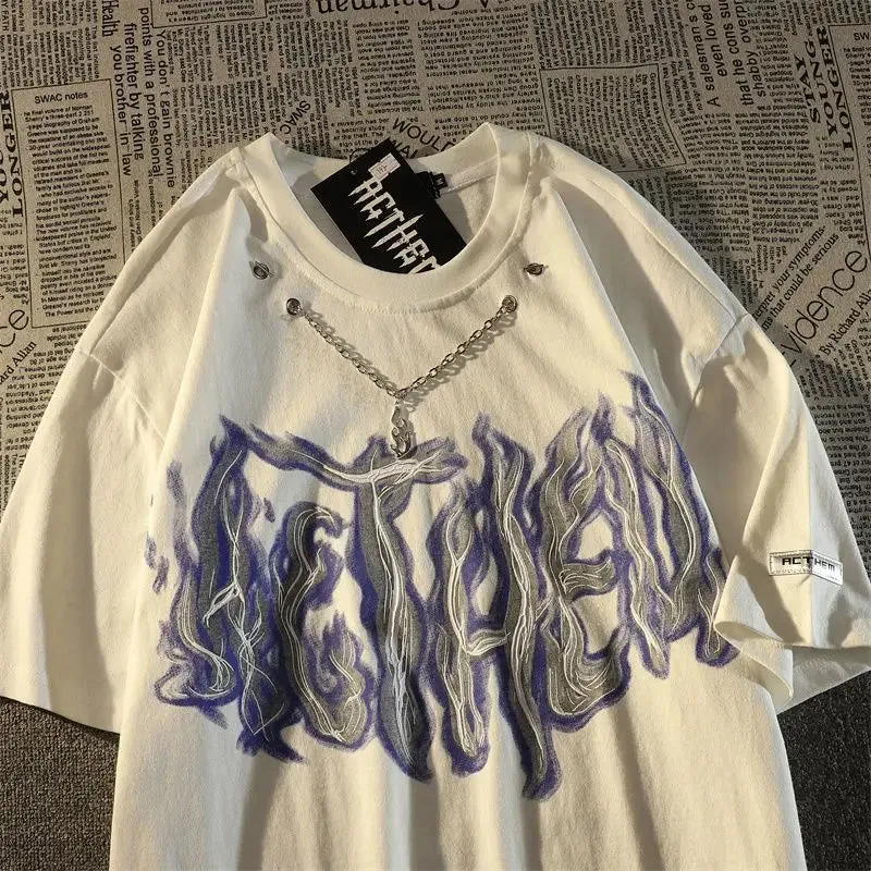 Cotton short sleeved t-shirt trend fried street flame necklace