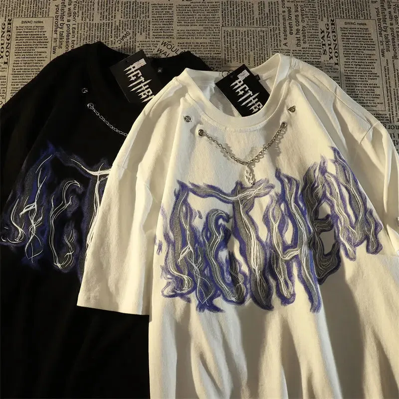 Cotton short sleeved t-shirt trend fried street flame necklace
