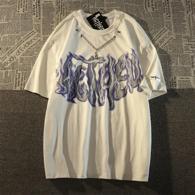 Cotton short sleeved t-shirt trend fried street flame necklace