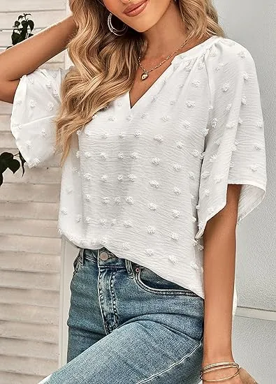 Crazy Grid Womens Summer V Neck Swiss Dot Blouses