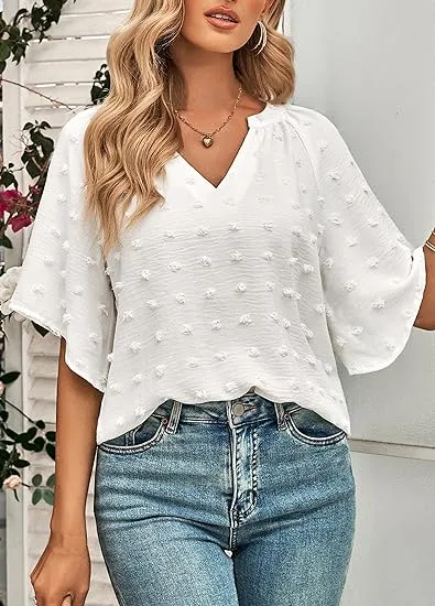 Crazy Grid Womens Summer V Neck Swiss Dot Blouses