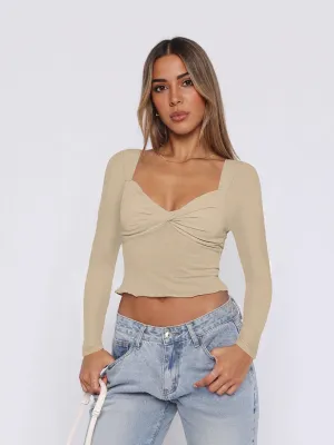 Cream Fitted Knit Top With Twist Detail At Front