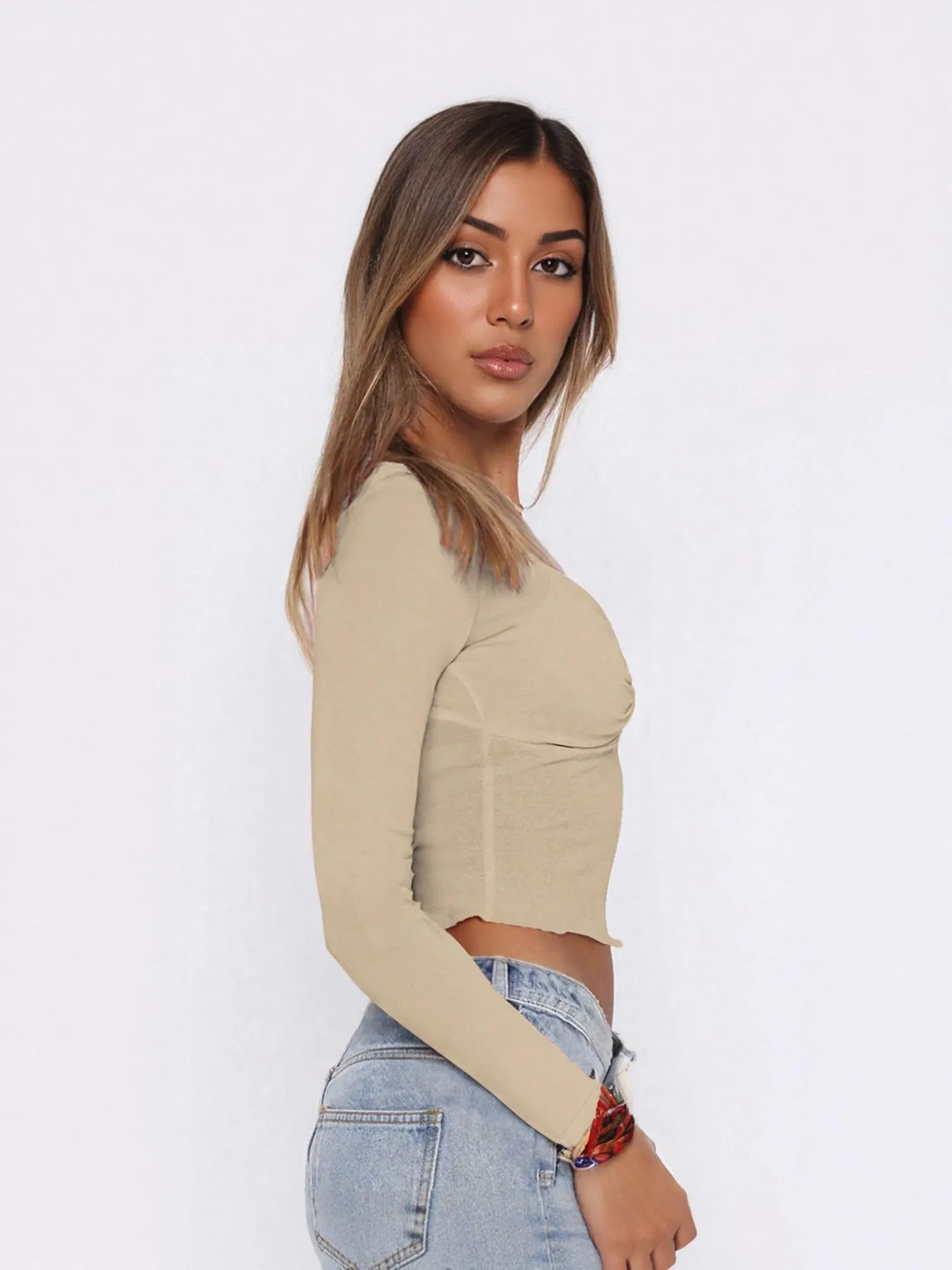 Cream Fitted Knit Top With Twist Detail At Front