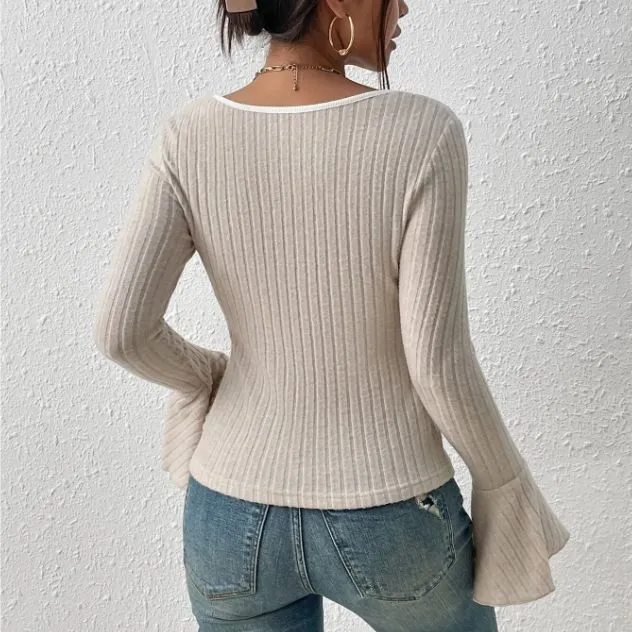 Cream Flat Knit Top With Bell Sleeves