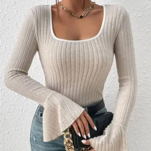 Cream Flat Knit Top With Bell Sleeves