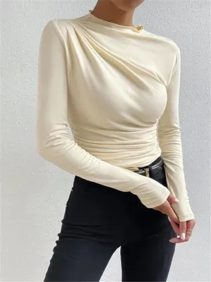 Cream High Neck Side Ruched Top
