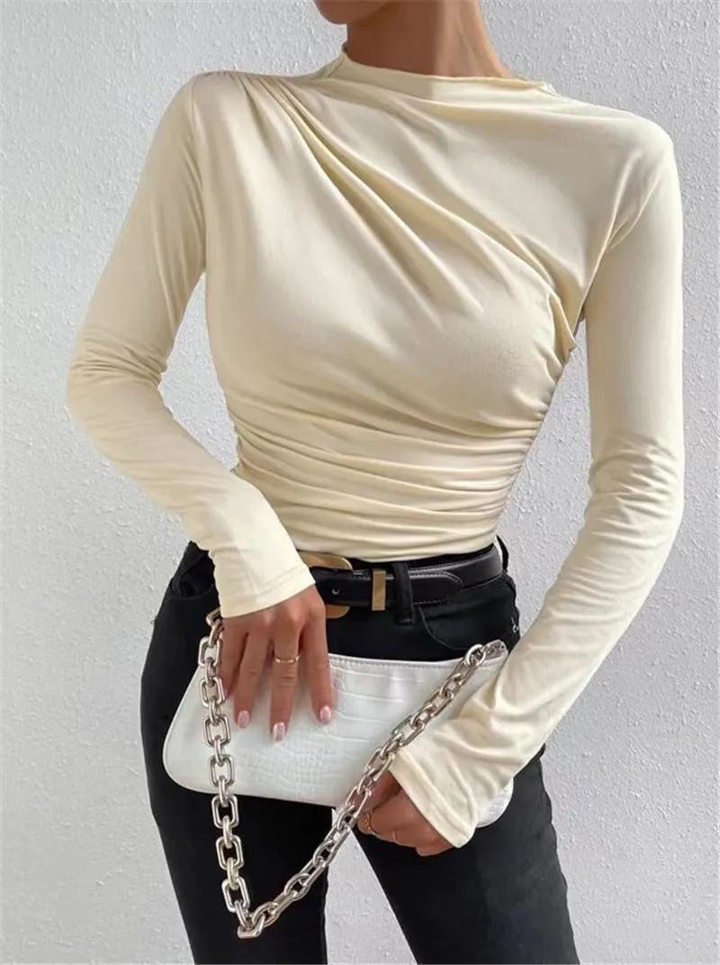 Cream High Neck Side Ruched Top