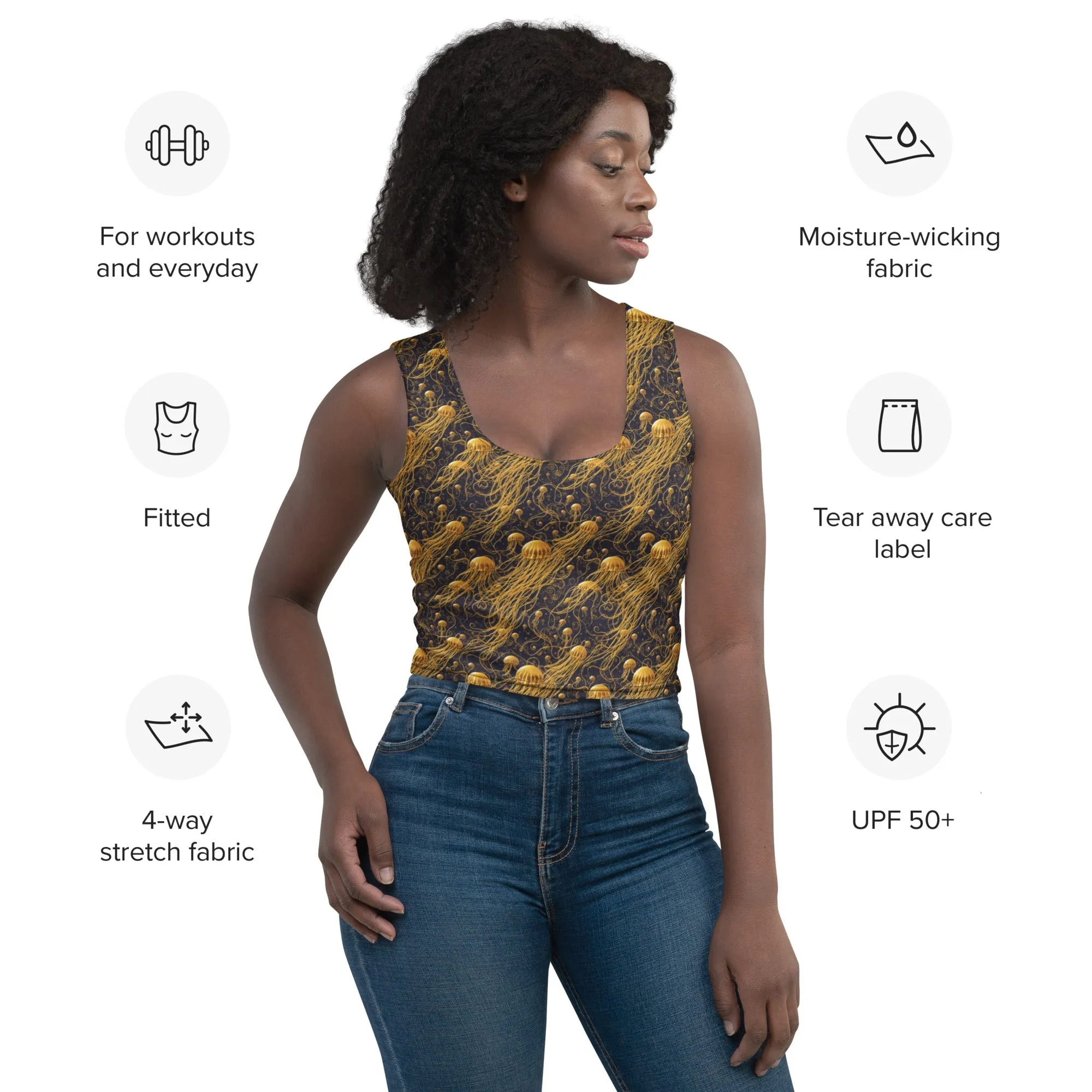 Crop Top - Black And Gold Jellyfishes