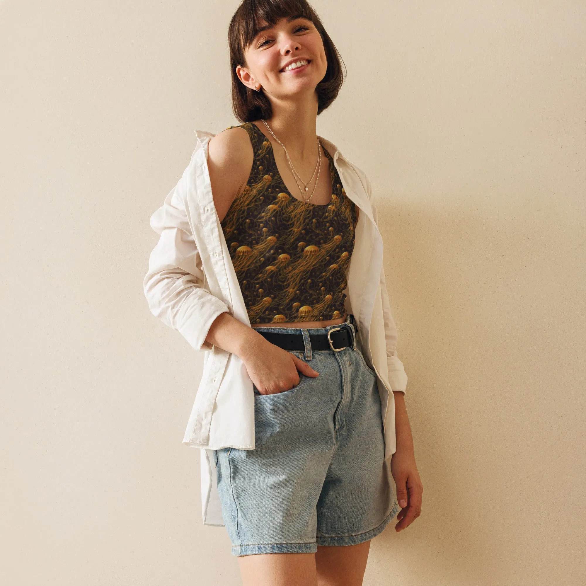 Crop Top - Black And Gold Jellyfishes