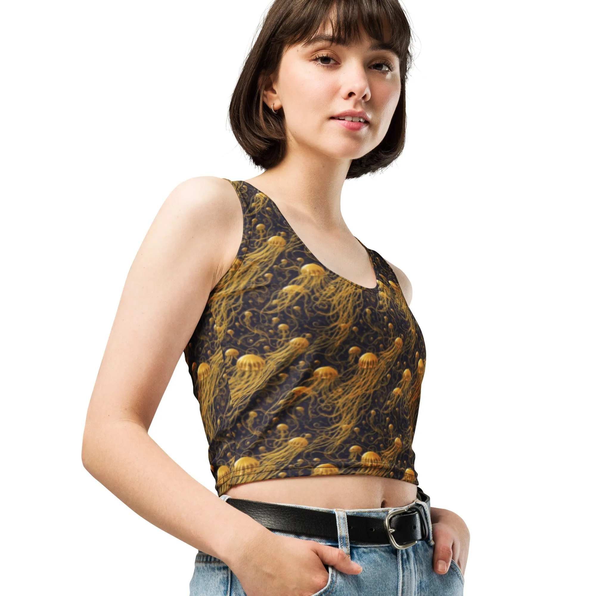 Crop Top - Black And Gold Jellyfishes