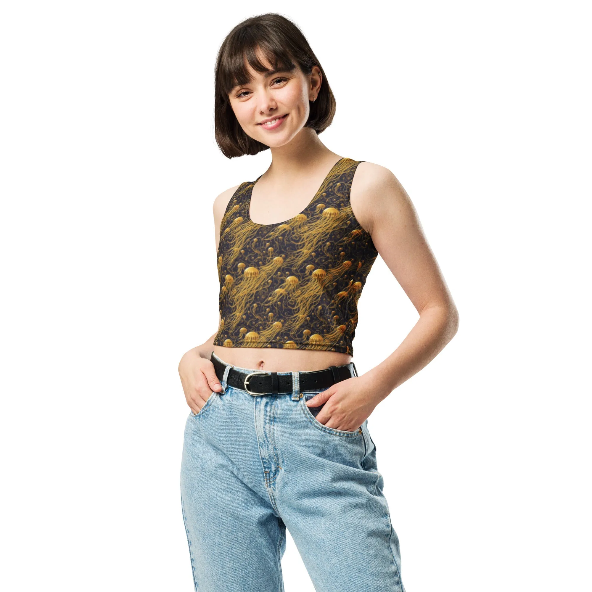 Crop Top - Black And Gold Jellyfishes