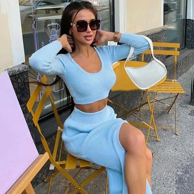 Crop Tops And Long Split Skirt Dress