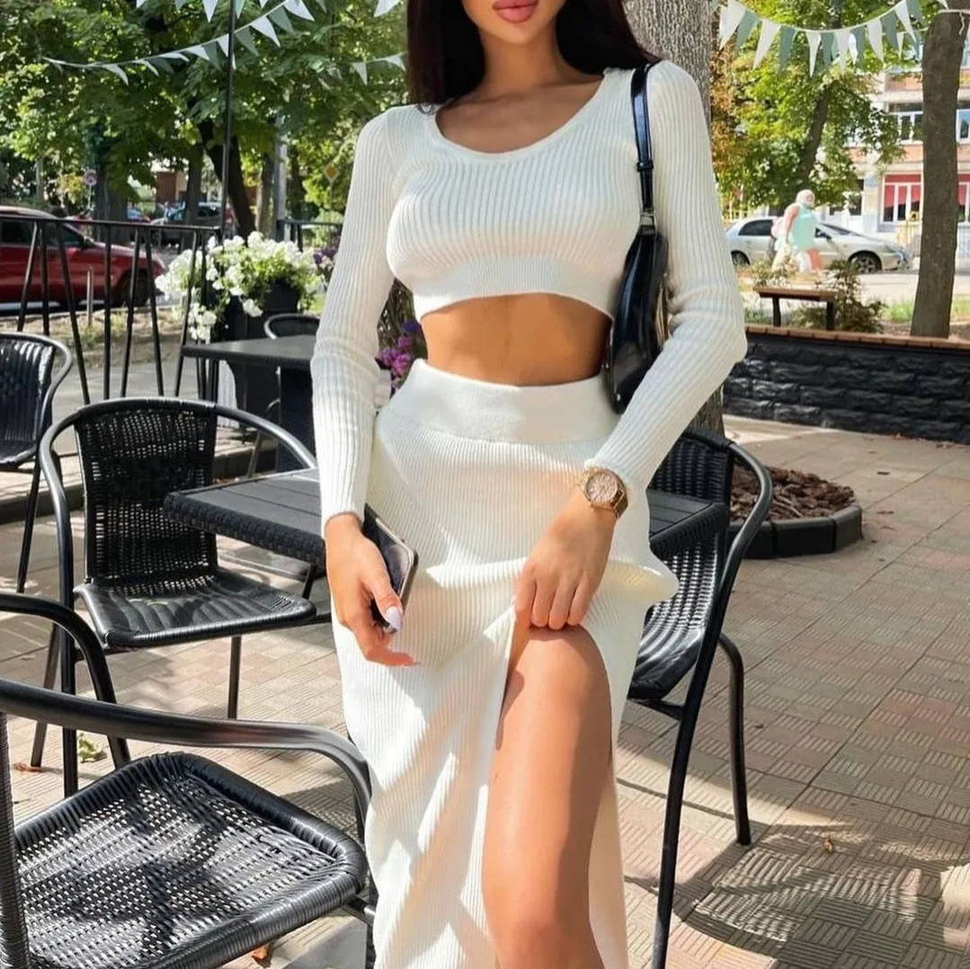 Crop Tops And Long Split Skirt Dress