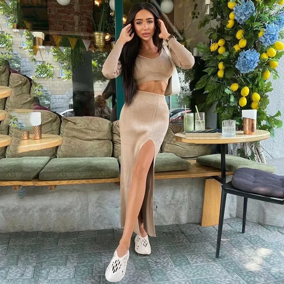 Crop Tops And Long Split Skirt Dress