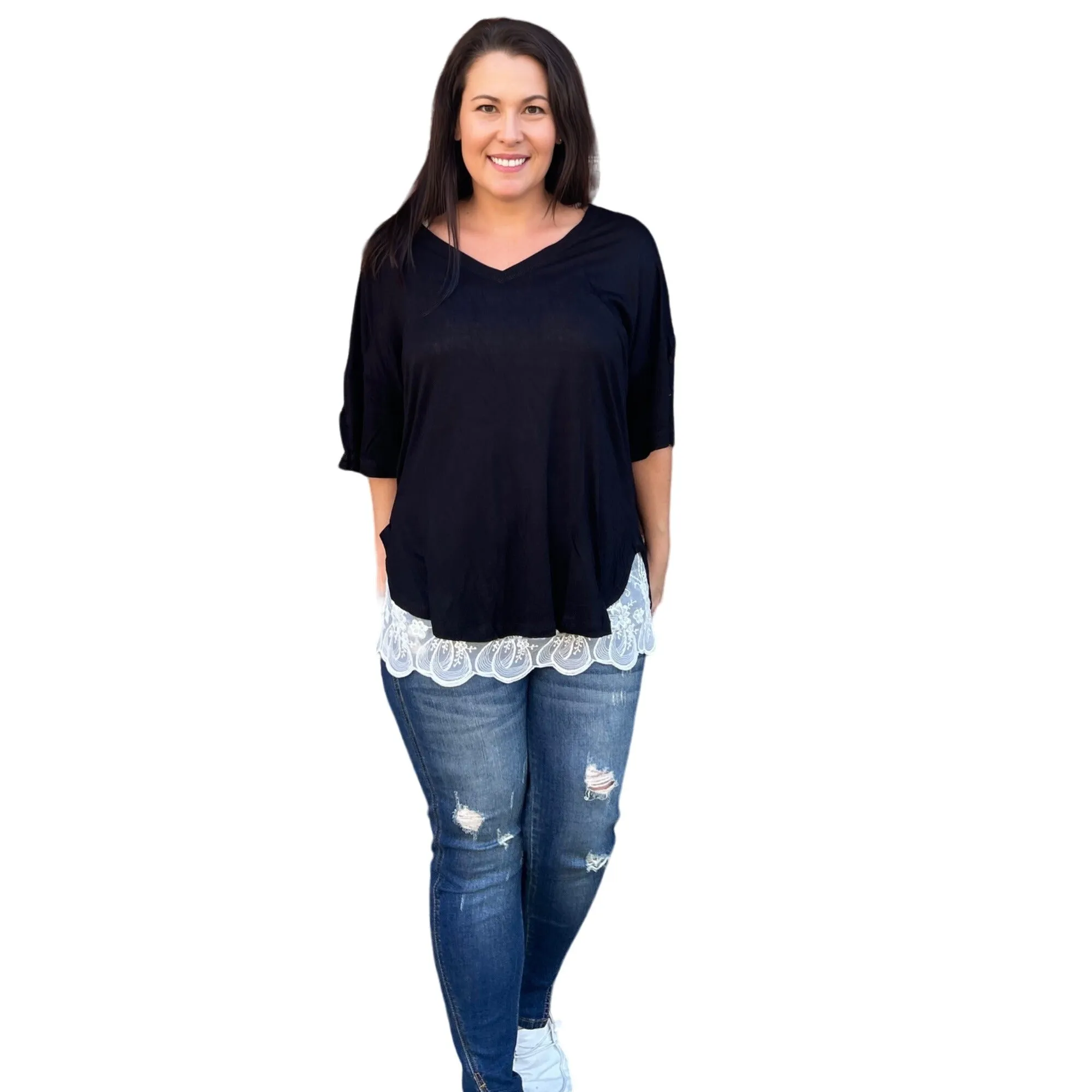 Culture Code Black Exposed Seam Button Detail Sleeve Top CAY1645