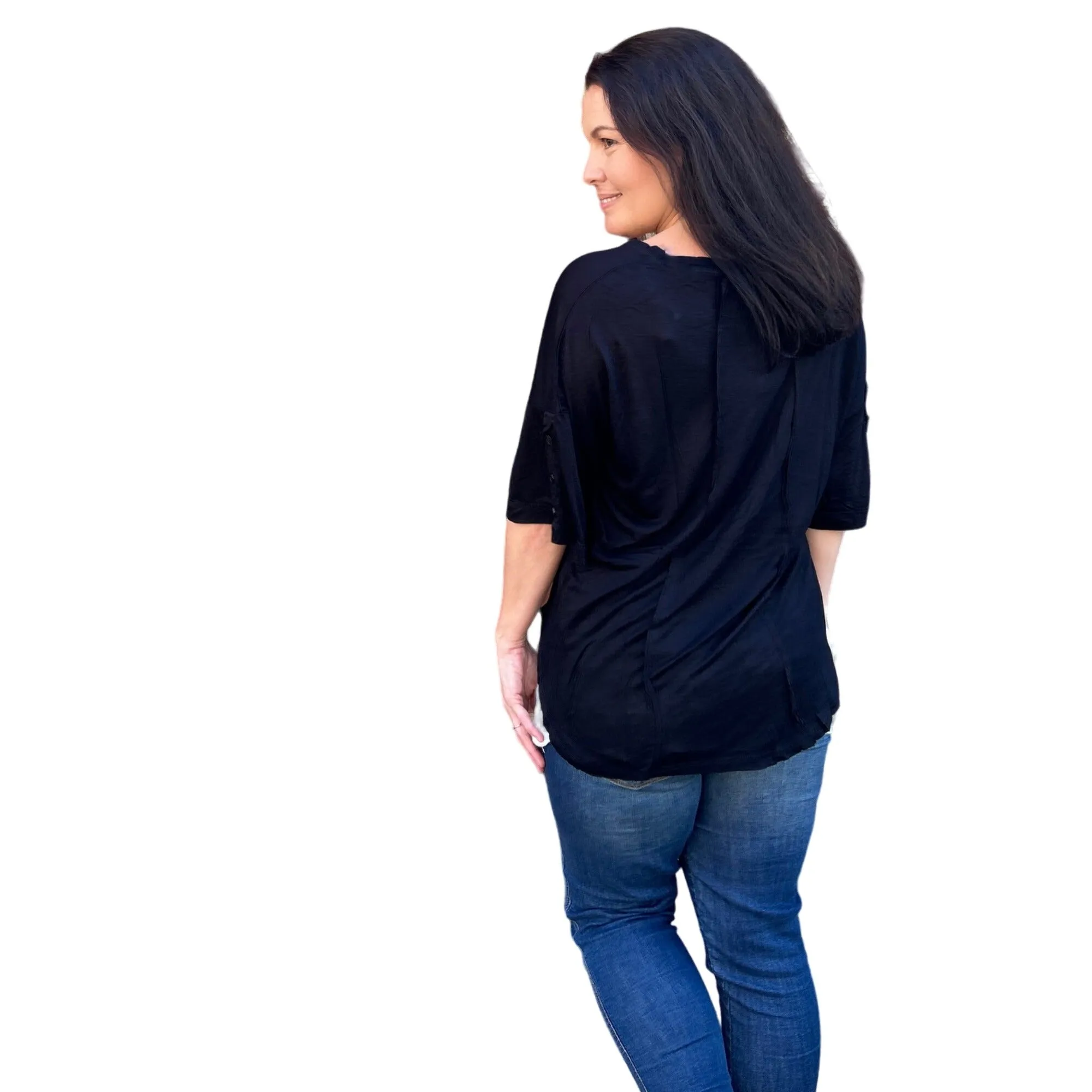 Culture Code Black Exposed Seam Button Detail Sleeve Top CAY1645