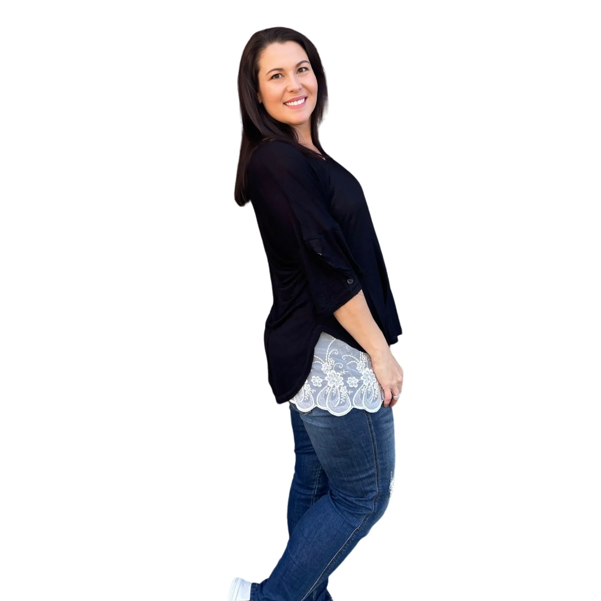 Culture Code Black Exposed Seam Button Detail Sleeve Top CAY1645