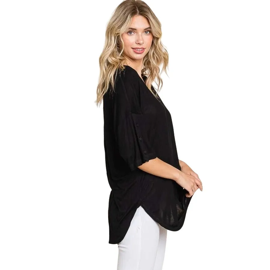 Culture Code Black Exposed Seam Button Detail Sleeve Top CAY1645