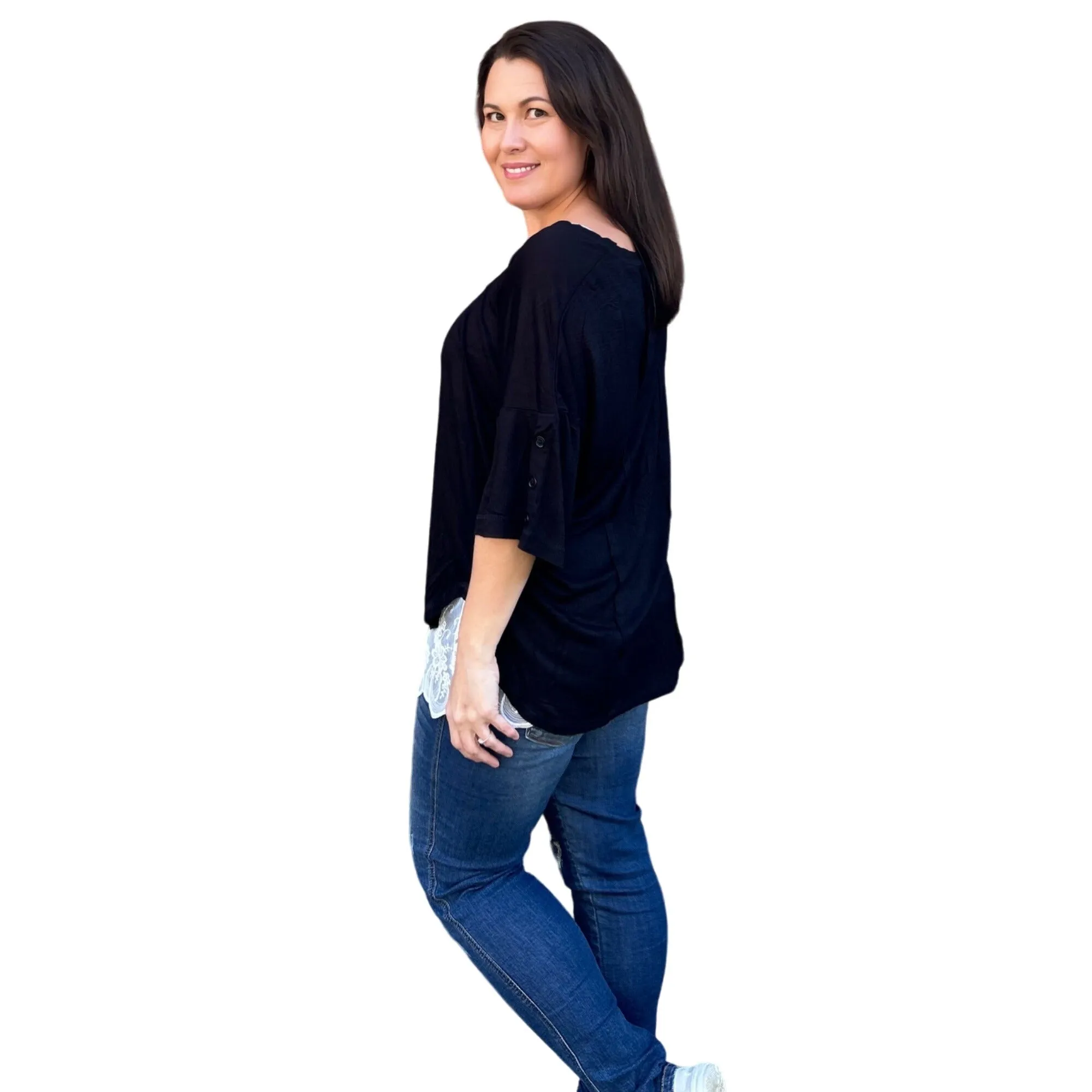 Culture Code Black Exposed Seam Button Detail Sleeve Top CAY1645