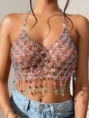 Dazzling Rhinestone Halter Crop Top – Shine All Night