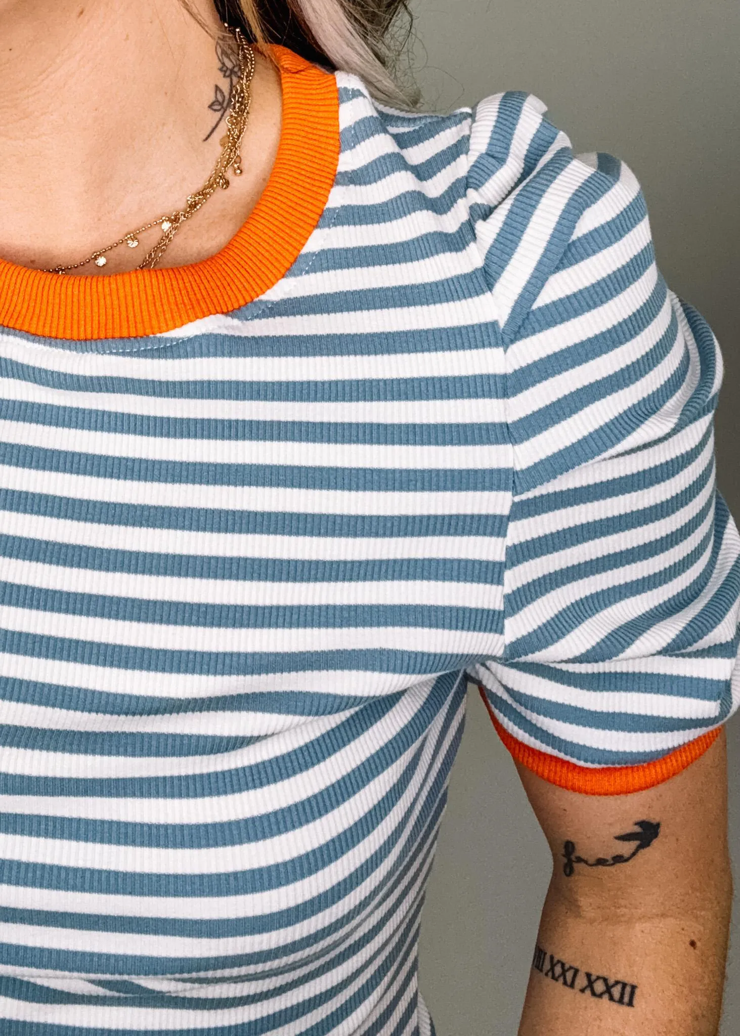 Denim Blue and Orange Collar Stripe Top