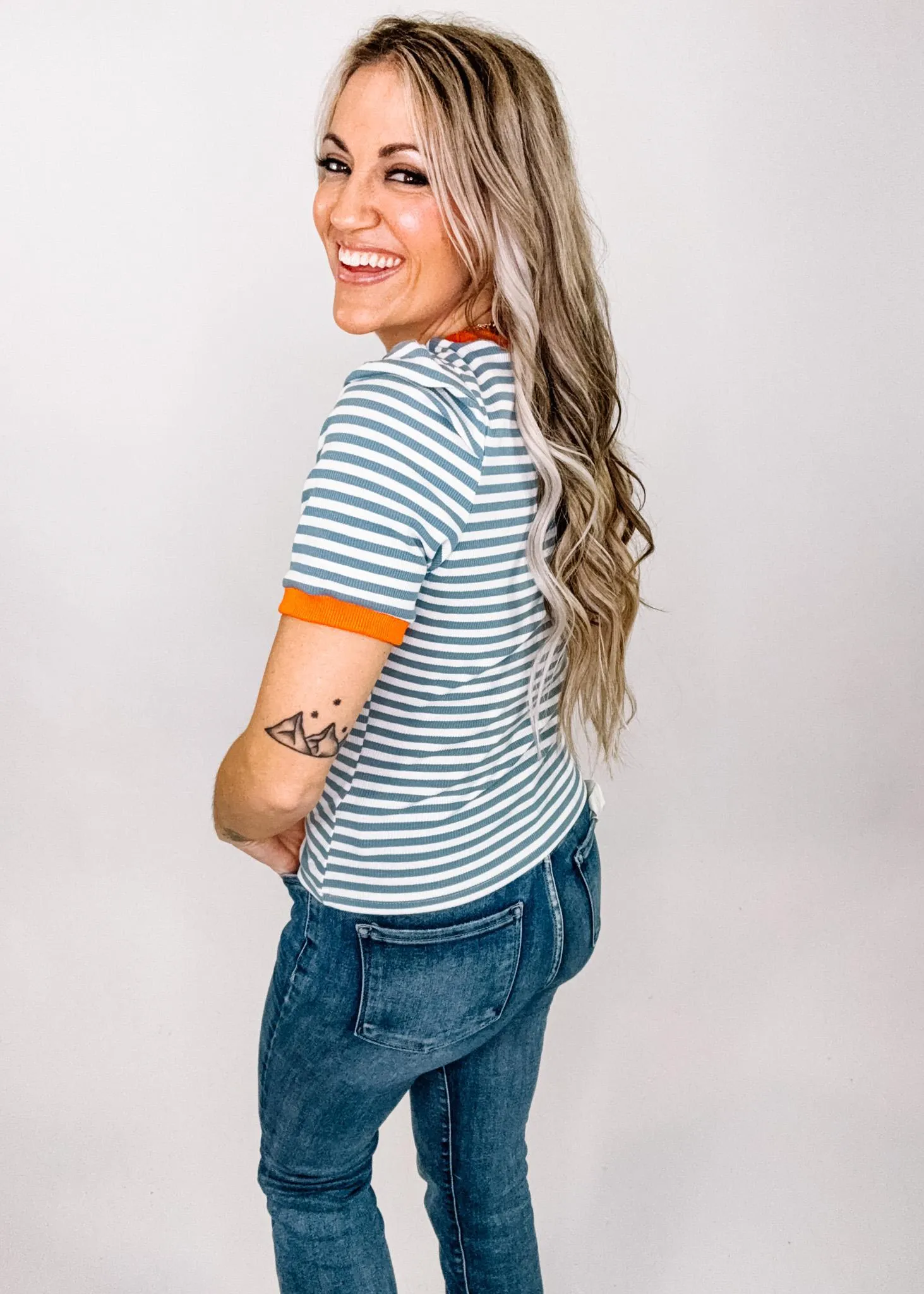 Denim Blue and Orange Collar Stripe Top