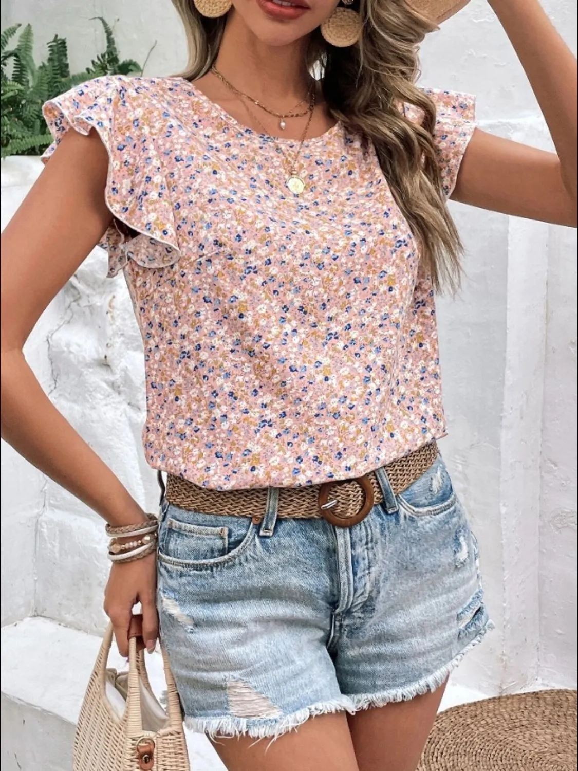 Ditsy Floral Round Neck Cap Sleeve Top (3 Colors)