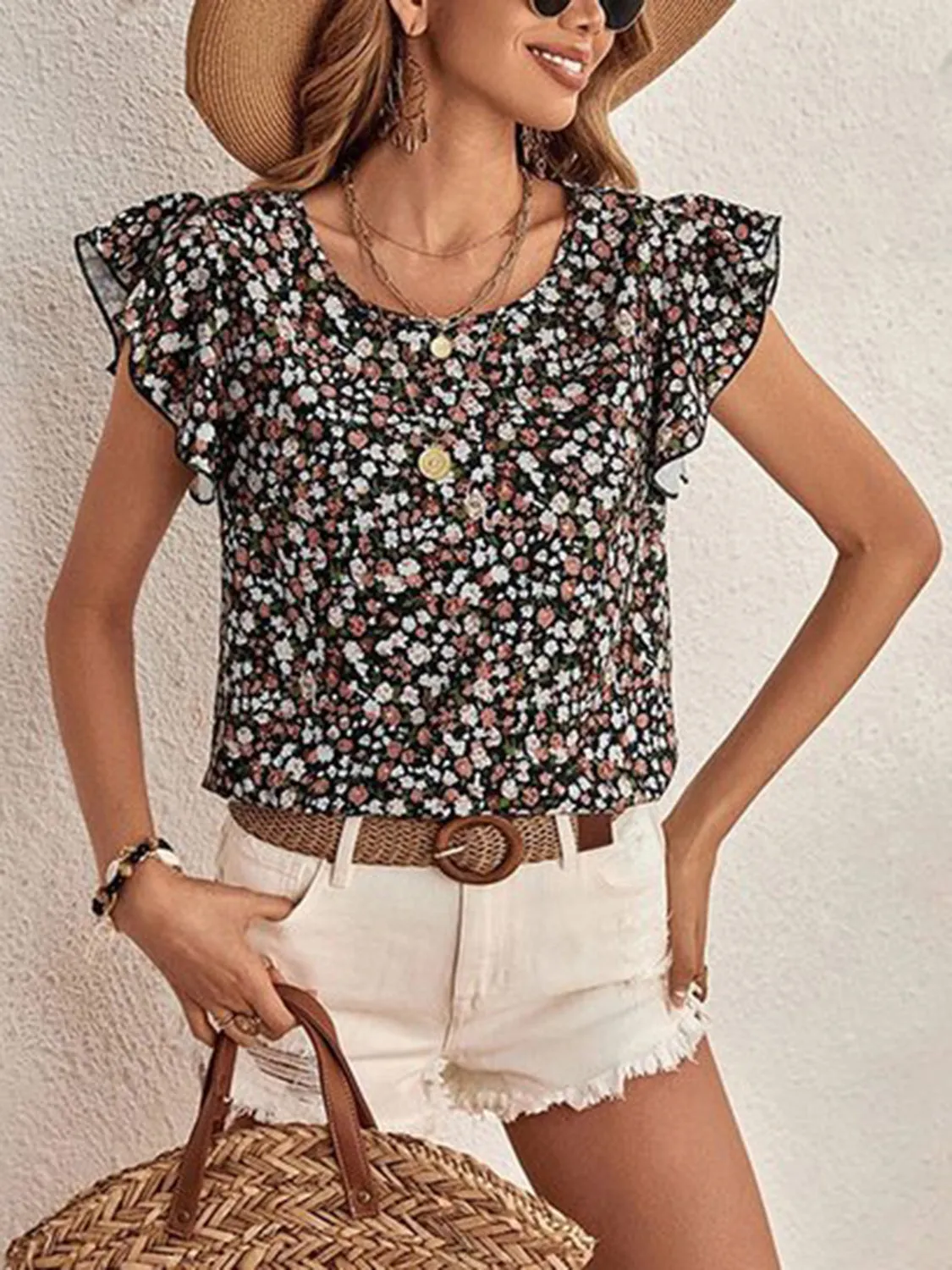 Ditsy Floral Round Neck Cap Sleeve Top (3 Colors)