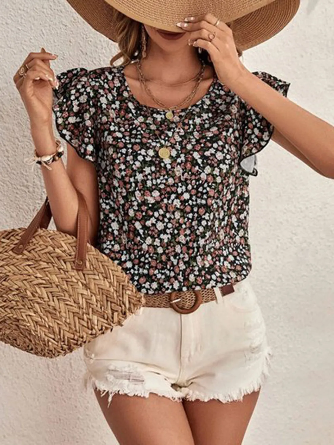 Ditsy Floral Round Neck Cap Sleeve Top (3 Colors)