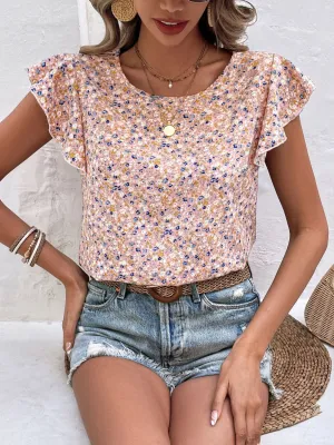 Ditsy Floral Round Neck Cap Sleeve Top (3 Colors)