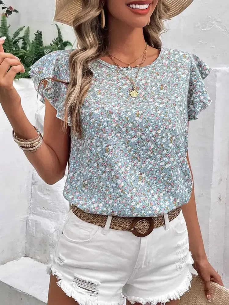 Ditsy Floral Round Neck Cap Sleeve Top (3 Colors)