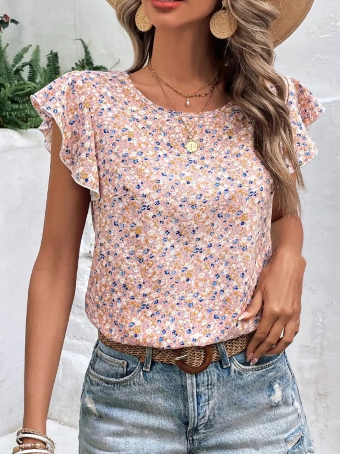 Ditsy Floral Round Neck Cap Sleeve Top (3 Colors)