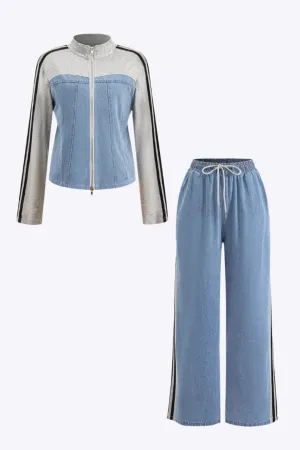 Dixie - Stylish Zipper Denim Woman's Top & Wide Leg Pants