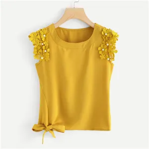 Dotfashion Knot Side Pearl Beaded Detail Top 2018 Summer Round Neck Elegant Tank Women Ginger Plain Contrast Lace Tank Top