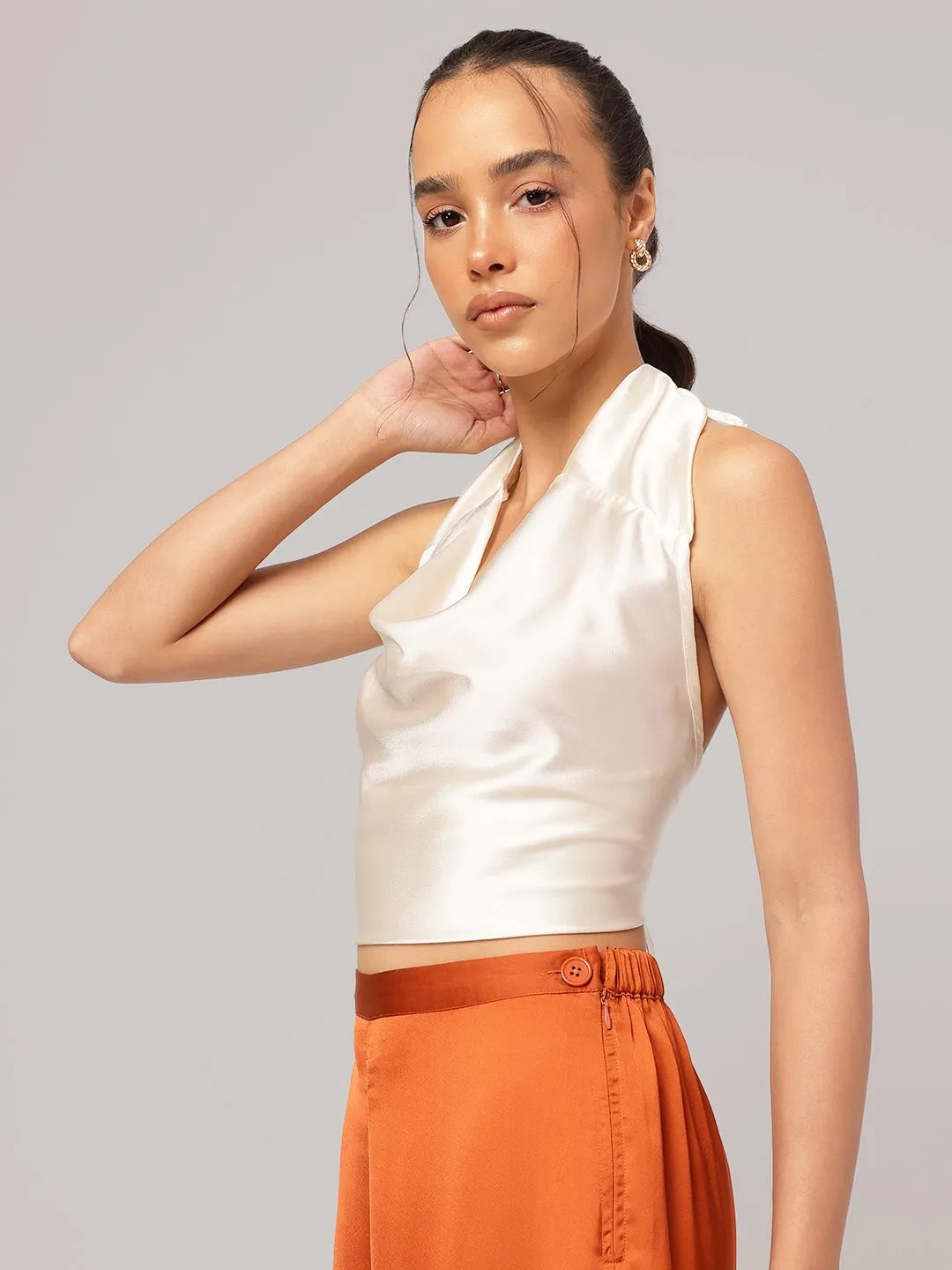 DressBerry Edgy Chic Halter Neck Satin Backless Top